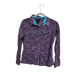 Vintage‎ Wrangler Western Shirt Purple Paisley Turquoise Trim Long Sleeve Medium